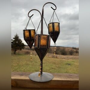 Hanging Moroccan Style Glass-3-Votive Tea Light Candle Holder with Chain 15” T